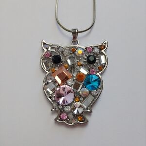 Jeweled Owl Pendant with Faux Silver 30" Chain